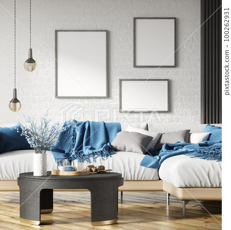 Interior design of modern living room with white sofa over the brick wall with mock up frames. Home interior with coffee table. 3d rendering Interior design of modern living room with white sofa over the brick wall with mock up frames. Home interior with coffee table. 3d rendering 100262931