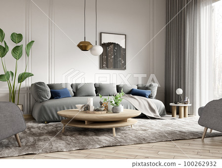 Modern interior design of scandinavian apartment, living room with gray sofa and wooden coffee table. Home interior with window. 3d rendering 100262932