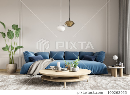 Modern interior design of living room with blue sofa and wooden coffee table. Home interior with rug. 3d rendering 100262933