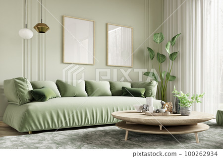 Green sofa in modern living room. Contemporary interior design of room with mint wall and coffee table. Home interior with posters. 3d rendering Green sofa in modern living room. Contemporary interior design of room with mint wall and coffee table. Home interior with posters. 3d rendering 100262934