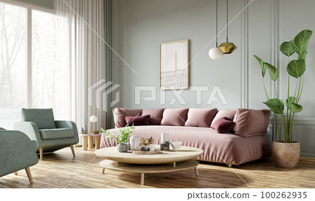 Pink sofa in modern living room. Contemporary interior design of room with mint wall and wooden coffee table. Home interior with poster. 3d rendering 100262935