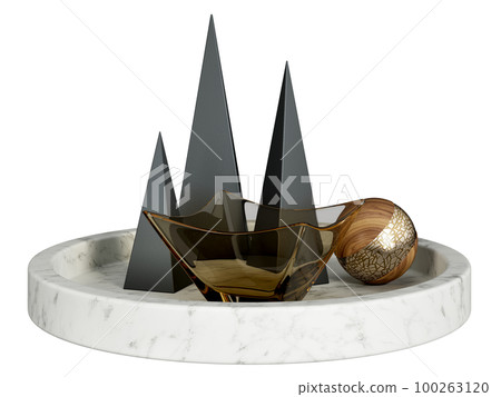 Set of decorative marble tray with black metal pyramids, glass bowl and wooden ball. Home decor and accents. Home decorative accessories. Isolated interior object. 3d rendering Set of decorative marble tray with black metal pyramids, glass bowl and wooden ball. Home decor and accents. Home decorative accessories. Isolated interior object. 3d rendering 100263120