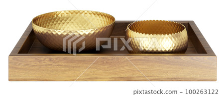 Decorative wooden square tray with golden metal bowls. Home decor and accents. Home decorative accessories. Isolated interior object. 3d rendering 100263122