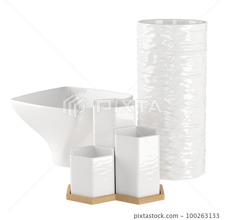 Decorative white table vases and bowl set. Home decor and accents. Home decorative ceramic accessories. Isolated interior object. 3d rendering Decorative white table vases and bowl set. Home decor and accents. Home decorative ceramic accessories. Isolated interior object. 3d rendering 100263133