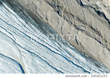 View of the moraines. Glacier and rocks. Landscape from the air. River on a moraine. View of the moraines. Glacier and rocks. Landscape from the air. River on a moraine. 100263253