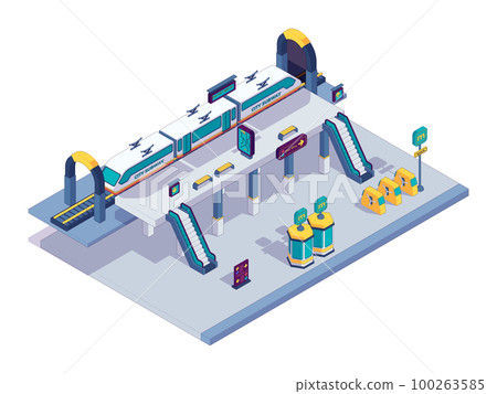 Isometric subway station. Railway passenger platform for train departure and arrival, city underground infrastructure. Vector illustration 100263585