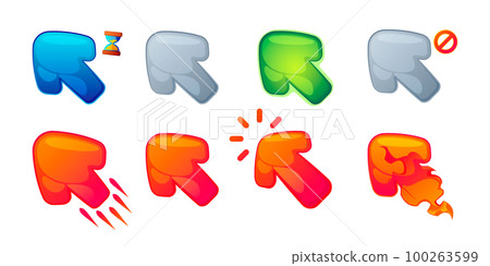 Game cursor click. Cartoon arrow and pointer animation for user interface gaming asset, direction pointing sign computer mouse touch. Vector illustration Game cursor click. Cartoon arrow and pointer animation for user interface gaming asset, direction pointing sign computer mouse touch. Vector illustration 100263599