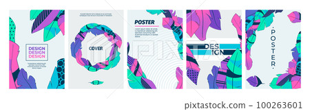 Covers with feathers. Abstract feathered decoration boho flat style, artistic posters with bird wing plumage pattern creative composition. Vector background set 100263601