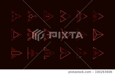 Hud arrows. Direction sign and pointer mark holographic game asset, futuristic design elements, neon cursor and next display button. Vector set 100263606