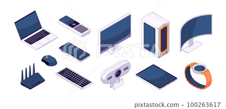 Isometric gadget set. Wireless smart devices laptop Wi-Fi router web camera smart watches mouse keyboard phone and tablet. Vector isolated set 100263617