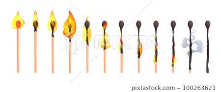 Burning match animation. Matchstick burnout stages, sequence steps of stick with sulfur combustion, cartoon animated kit. Vector isolated set Burning match animation. Matchstick burnout stages, sequence steps of stick with sulfur combustion, cartoon animated kit. Vector isolated set 100263621