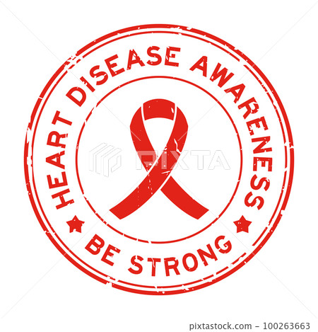Grunge red heart disease awareness be strong word with ribbon banner as round seal stamp on white background 100263663