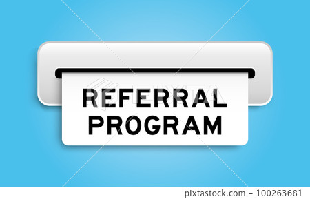 White coupon banner with word referral program from machine on blue color background 100263681