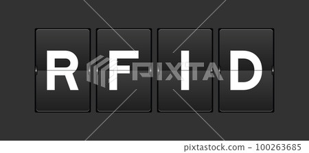 Black color analog flip board with word RFID (Abbreviation of Radio-frequency identification) on gray background 100263685