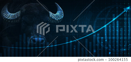 Financial chart with uptrend line graph arrow and portrait of a bull in stock market on blue color background Financial chart with uptrend line graph arrow and portrait of a bull in stock market on blue color background 100264155
