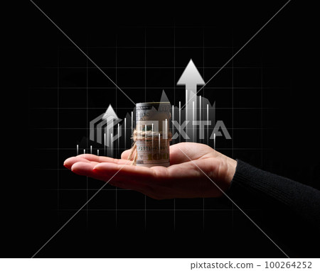 Holographic graph with growing indicators and a woman's hand. Business growth concept, profitable startup Holographic graph with growing indicators and a woman's hand. Business growth concept, profitable startup 100264252