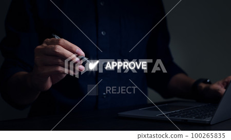 Businessman writing or tick correct mark to approve document or project. Evaluation form, questionnaire, consideration, acceptance, approval, signing, Quiz, interview, choose to agree, 100265835