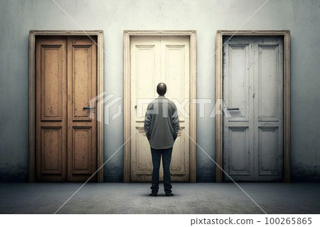 Man standing in front of vintage doors choosing right one, choice concept, generative AI 100265865