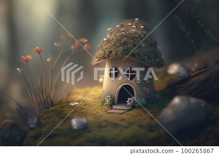 Fantasy home of tiny wood dweller, macro view of fairy tale hut, generative AI 100265867