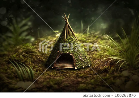 Fantasy home of tiny wood dweller, macro view of fairy tale hut, generative AI 100265870