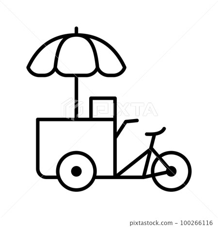 Coffee trolley bike for selling drinks. Fast food trolley bike, bicycle. Tricycle trade cart. 100266116