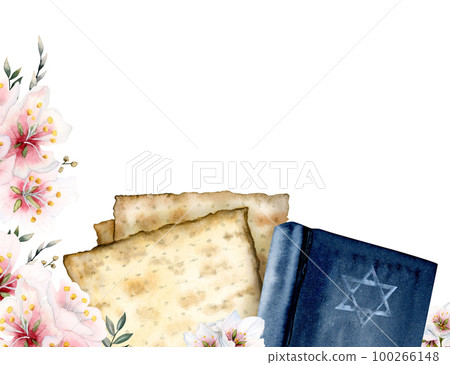 Passover greeting template with copy space, Haggadat Pesach book, matzah, almond flowers, star of David on white 100266148