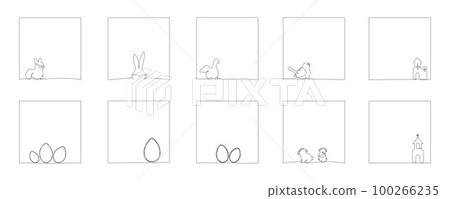 Easter continuous one line hand drawing frames pack. Vector illustration isolated on white background for post in social media, invitation, greeting card. Bunny, bird, sheep, church. Editable stroke. Easter continuous one line hand drawing frames pack. Vector illustration isolated on white background for post in social media, invitation, greeting card. Bunny, bird, sheep, church. Editable stroke. 100266235