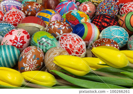 Colorful Easter eggs and yellow tulip flowers fill the entire frame. 100266261