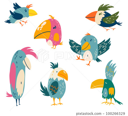 Cartoon tropical parrots set. Cute children's vector illustration Cartoon tropical parrots set. Cute children's vector illustration 100266329