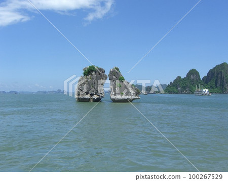 丈夫和妻子在越南下龍灣岩石 100267529