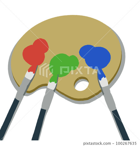 丙烯顏料調色板和畫筆插圖[RGBW顏色（紅、綠、藍、白），簡單，無線條] 100267635