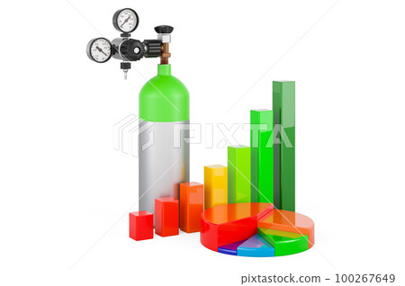 Gas cylinder with growth bar graph and pie chart. 3D rendering Gas cylinder with growth bar graph and pie chart. 3D rendering 100267649