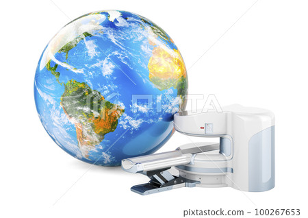 Open MRI Machine with Earth Globe, 3D rendering 100267653
