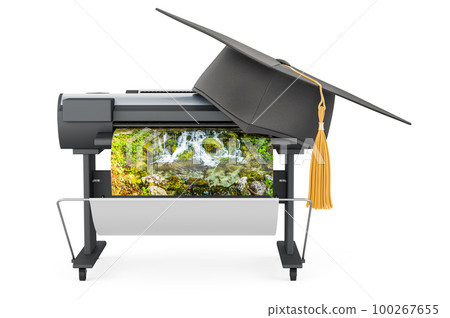 Plotter, large format inkjet printer with education hat. 3D rendering Plotter, large format inkjet printer with education hat. 3D rendering 100267655