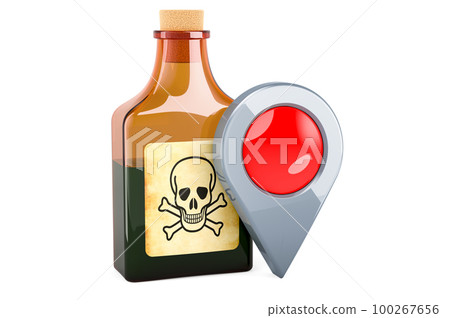 Poison bottle with map pointer. 3D rendering Poison bottle with map pointer. 3D rendering 100267656