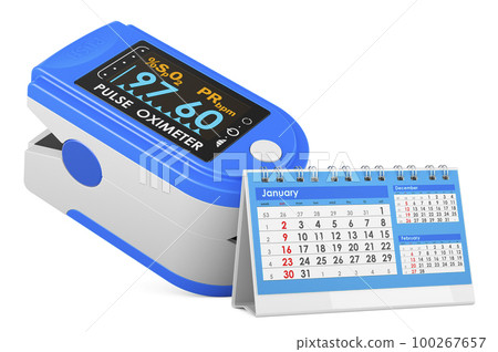Portable Pulse Oximetry, pulse oximeter fingertip with desk calendar, 3D rendering Portable Pulse Oximetry, pulse oximeter fingertip with desk calendar, 3D rendering 100267657