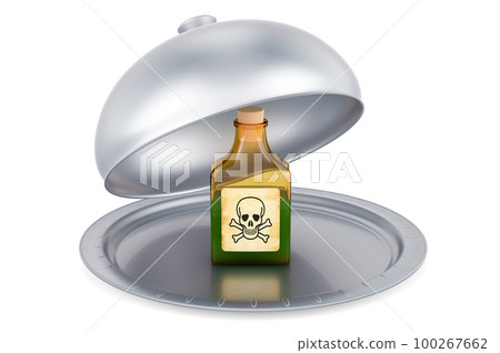 Restaurant cloche with poison bottle with cork, 3D rendering Restaurant cloche with poison bottle with cork, 3D rendering 100267662