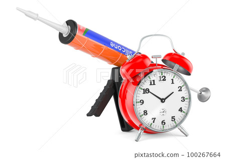 Sealant gun with silicone sealant tube with alarm clock, 3D rendering Sealant gun with silicone sealant tube with alarm clock, 3D rendering 100267664