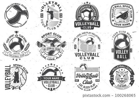Set of Volleyball club badge, logo design. Vector illustration. For college league sport club, summer camp emblem, sign, logo. Vintage monochrome label, sticker, patch with volleyball ball, player and 100268065