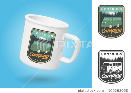 White camping cup. Realistic mug mockup template with sample design. Lets go camping. Summer camp. Vector. Vintage typography design with RV Motorhome and forest silhouette. Camping quote 100268068