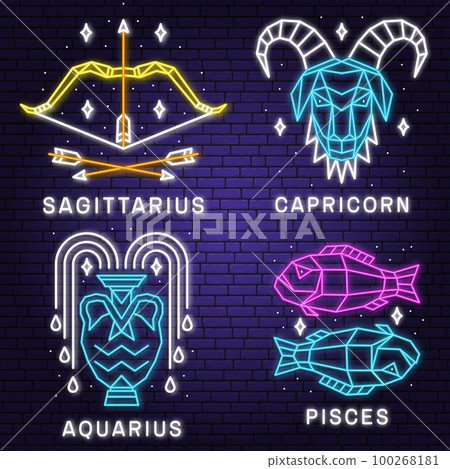 Set of zodiac astrology horoscope neon sign sagittarius, capricorn, pisces, aquarius linear design. Vector illustration. Elegant line art symbol or icon of sagittarius, capricorn, pisces, aquarius Set of zodiac astrology horoscope neon sign sagittarius, capricorn, pisces, aquarius linear design. Vector illustration. Elegant line art symbol or icon of sagittarius, capricorn, pisces, aquarius 100268181