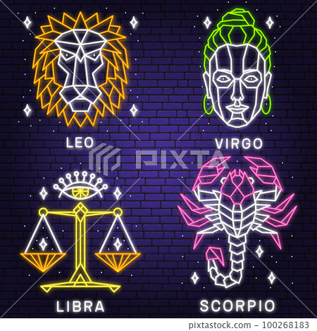 Set of zodiac astrology horoscope neon sign leo, virgo, libra, scorpio linear design. Vector illustration. Elegant line art symbol or icon of leo, virgo, libra, scorpio esoteric zodiacal horoscope Set of zodiac astrology horoscope neon sign leo, virgo, libra, scorpio linear design. Vector illustration. Elegant line art symbol or icon of leo, virgo, libra, scorpio esoteric zodiacal horoscope 100268183