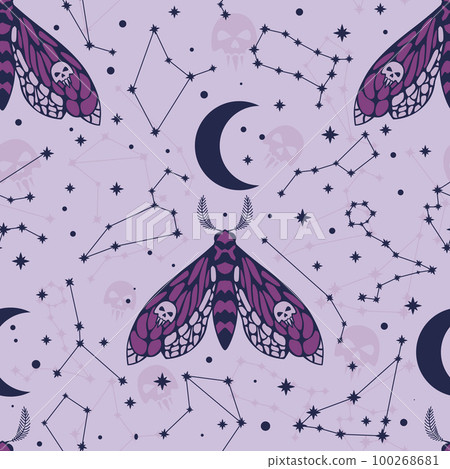 Pattern with dead head butterfly, moon and constellations Pattern with dead head butterfly, moon and constellations 100268681