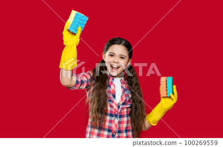 photo of laughing girl housecleaner do chores with sponge. girl housecleaner do chores 100269559