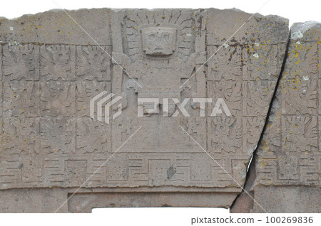 Bolivia, tiwanaku, tiwanaku ruins, kalasasaya, relief of the gate of the sun Bolivia, tiwanaku, tiwanaku ruins, kalasasaya, relief of the gate of the sun 100269836