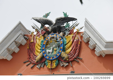 Bolivia, La Paz, Plaza Murillo, Bolivian coat of arms on the Presidential Palace 100269899