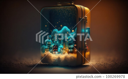 a magical suitcase with a glowing magical city inside 100269978