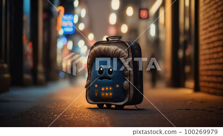 a small magical cartoon suitcase got lost on the night street of the city 100269979