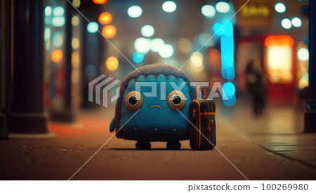 cartoon character with big eyes travels in the evening with a small suitcase 100269980