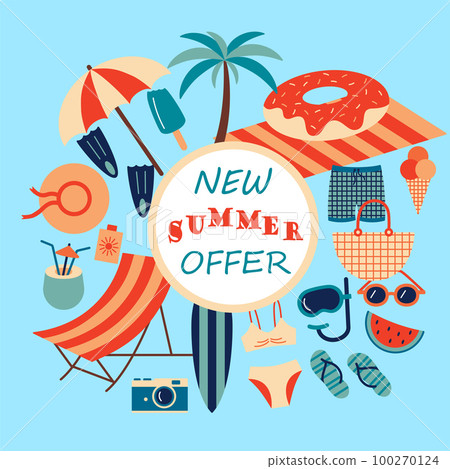 Summer beach. Season sale. Summertime special offer. Sea resort. Tropical palm. Lounger and sunbathing umbrella. Sunglasses and journey clothing. Vacation object frame. Paradise discount vector banner Summer beach. Season sale. Summertime special offer. Sea resort. Tropical palm. Lounger and sunbathing umbrella. Sunglasses and journey clothing. Vacation object frame. Paradise discount vector banner 100270124